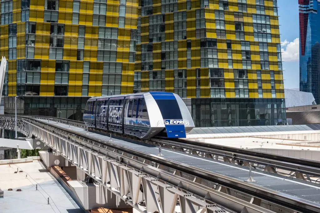The free ARIA Express tram on its elevated track on the ARIA campus