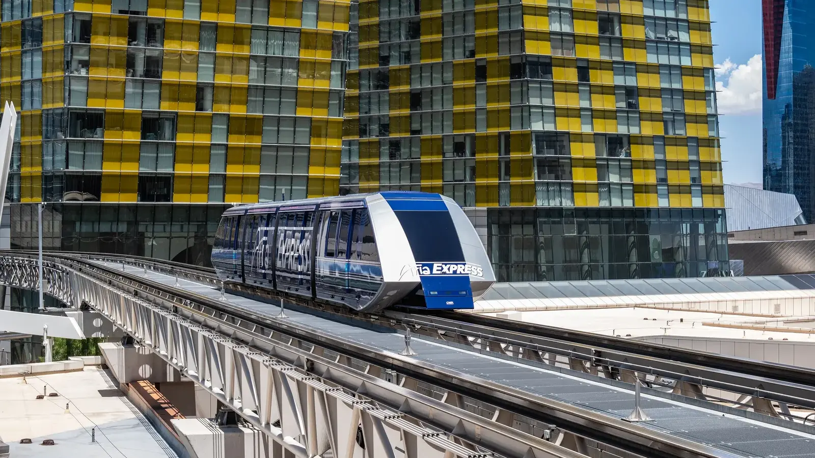 The free ARIA Express tram on its elevated track on the ARIA campus