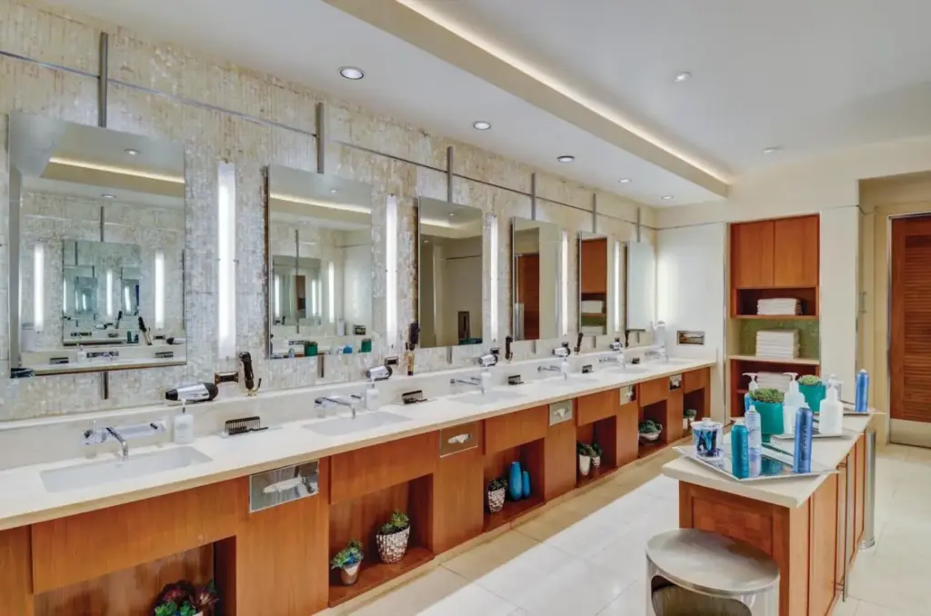 a bathroom with a row of sinks and mirrors at Bellagio in Las Vegas