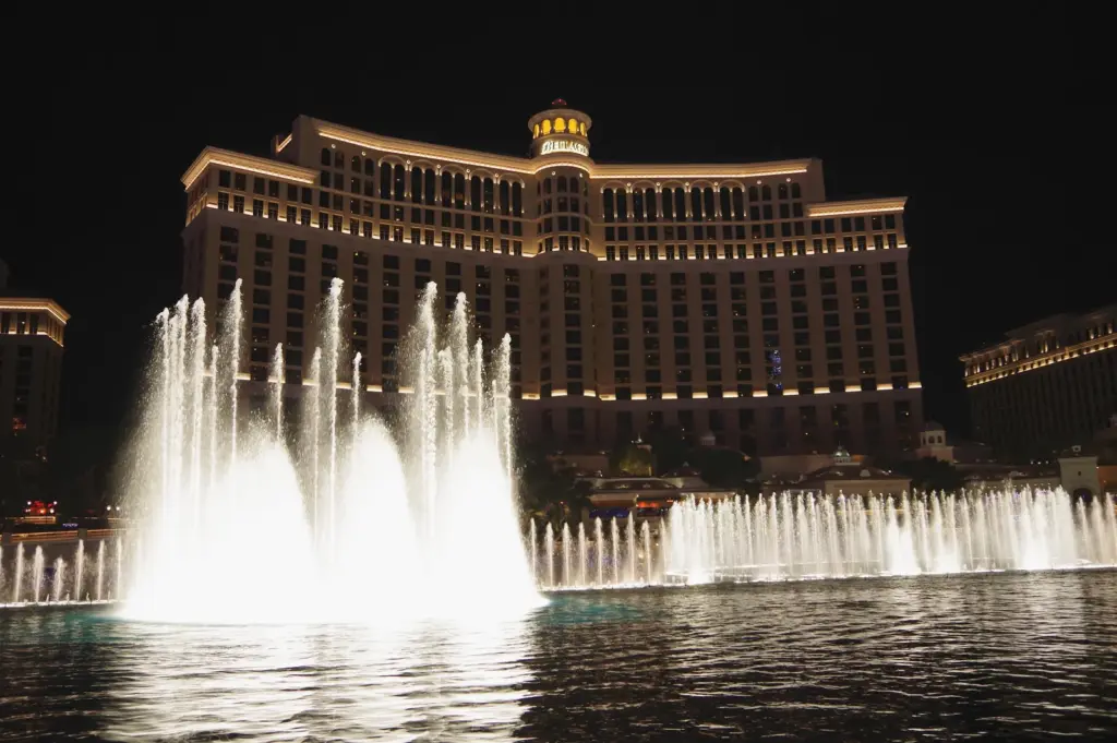 The Fountains of Bellagio in front of the Bellagio hotel at night