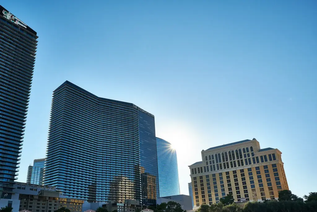 The Cosmopolitan and Bellagio on a sunny day