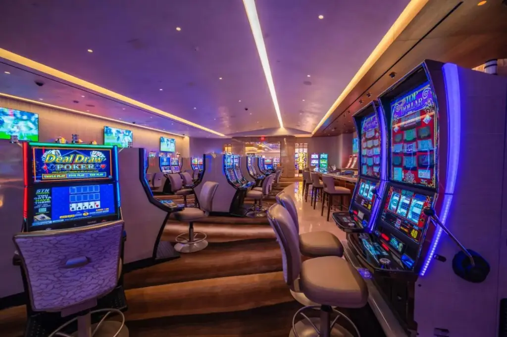 a row of slot machines in a casino at Durango Casino & Resort in Las Vegas