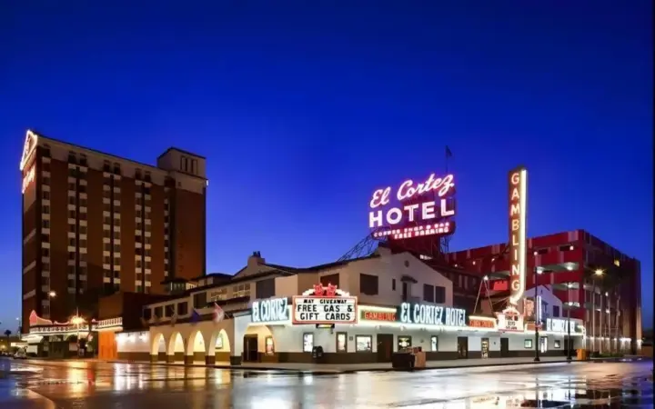 a hotel with a sign on top of it at night at El Cortez Hotel & Casino - 21 and over only in Las Vegas