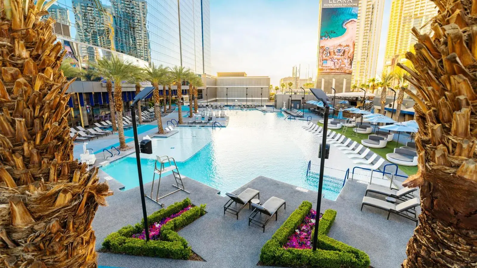 Elara pool with palm trees and hotel towers