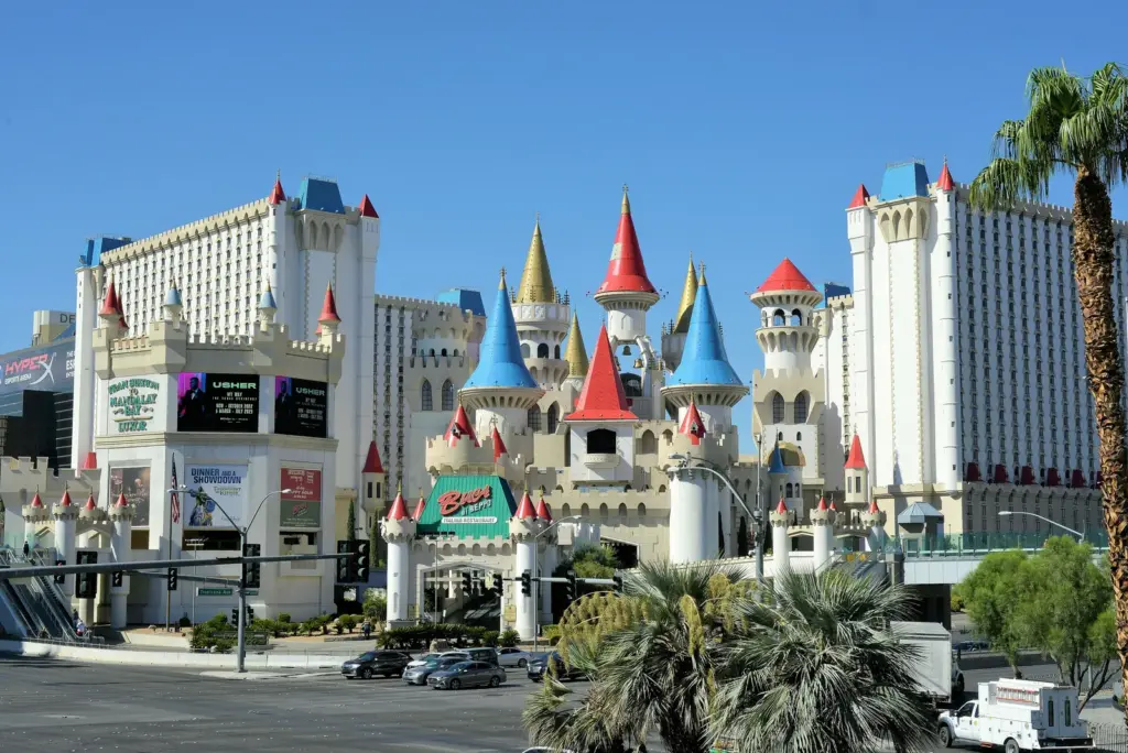 Excalibur's castle turrets and hotel towers on the Las Vegas Strip