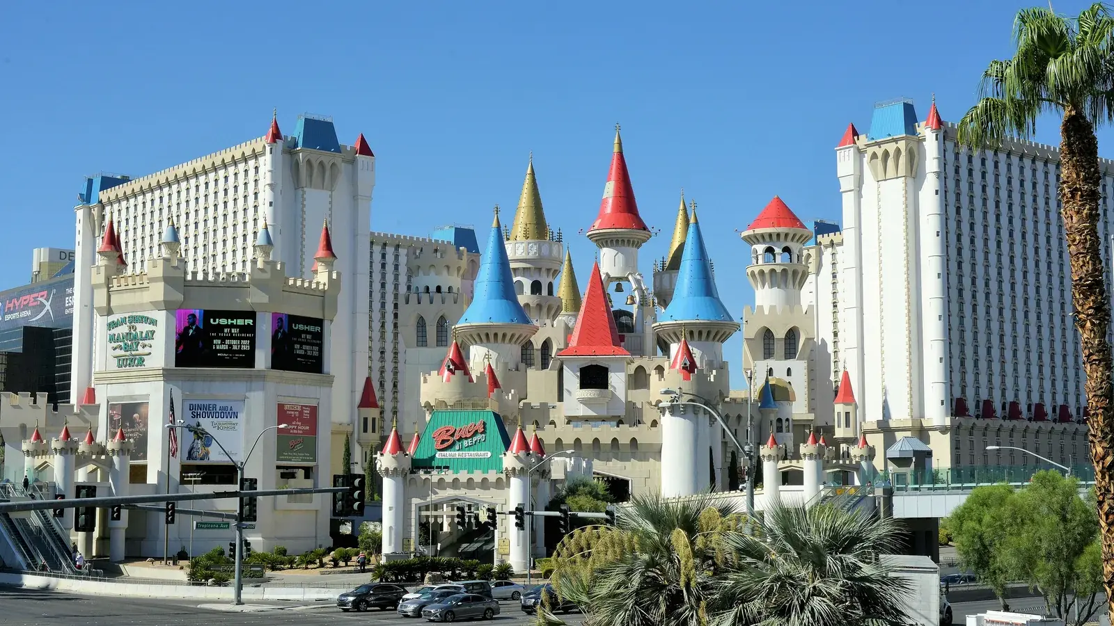 Excalibur's castle turrets and hotel towers on the Las Vegas Strip