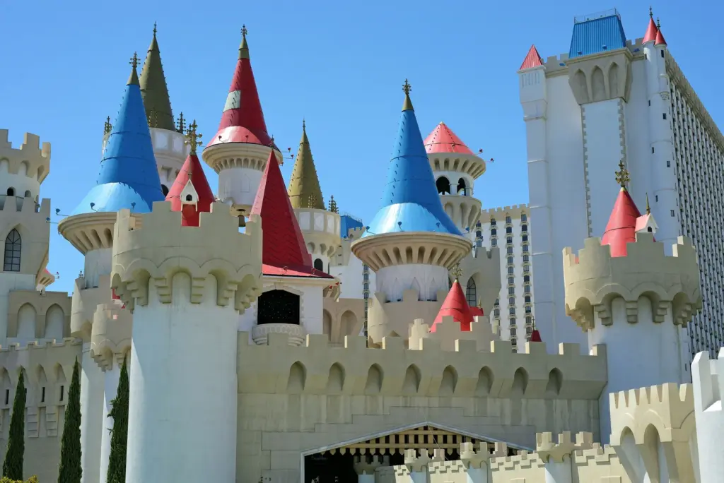 Excalibur's castle turrets in front of the hotel towers on the Las Vegas Strip