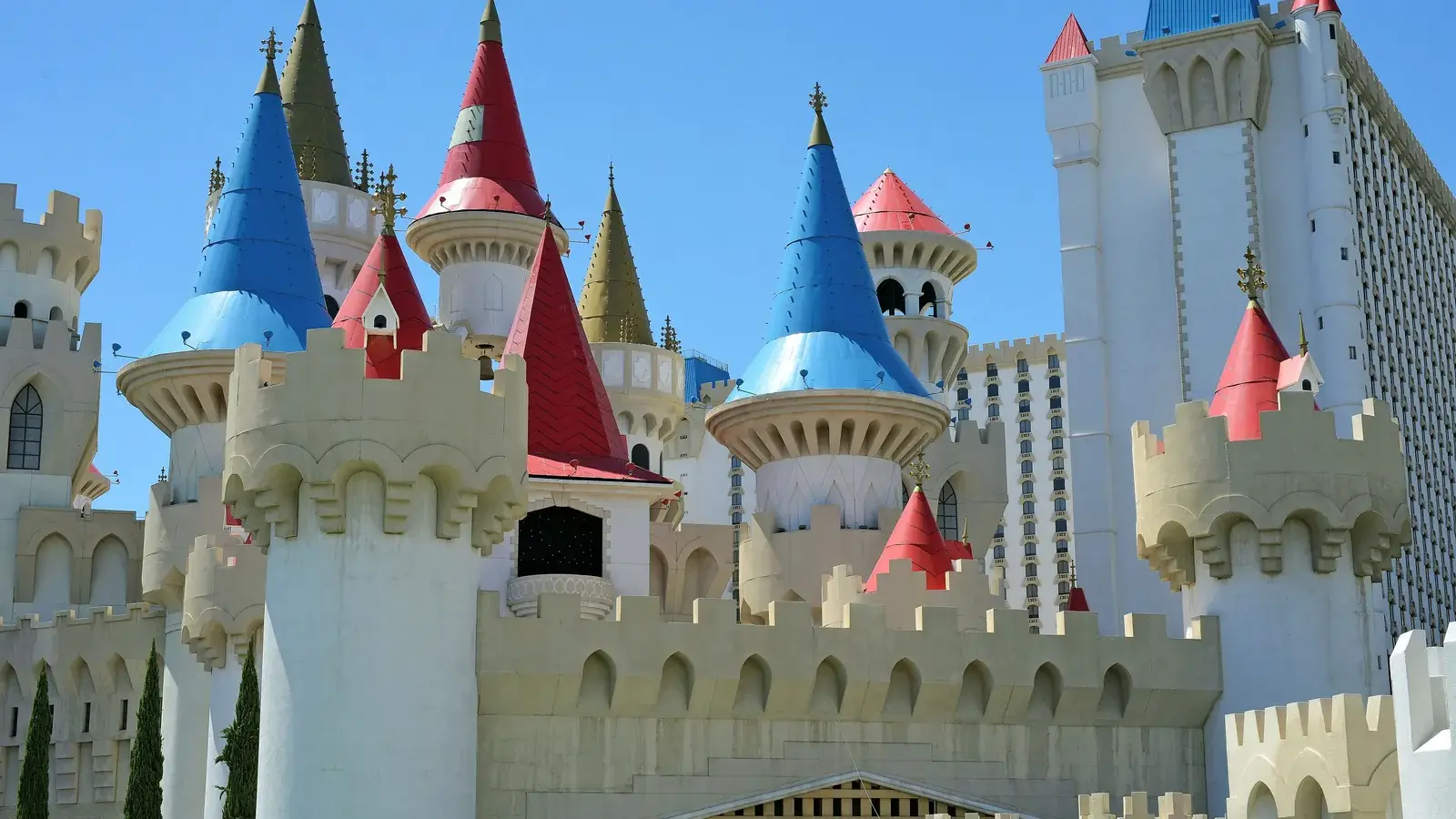 Excalibur's castle turrets in front of the hotel towers on the Las Vegas Strip