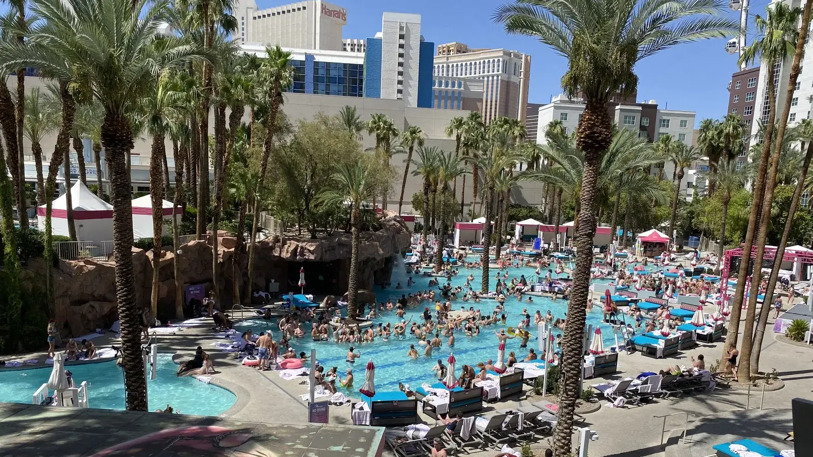 Crowded pool at the Flamingo Las Vegas on a hot summer day, seen from above