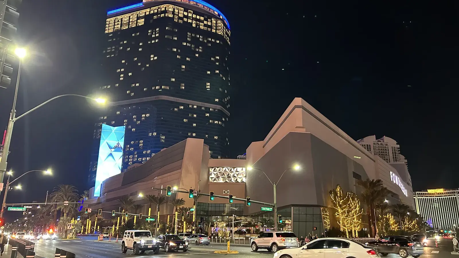 Fontainebleau Las Vegas tower lit up at night on the north Strip
