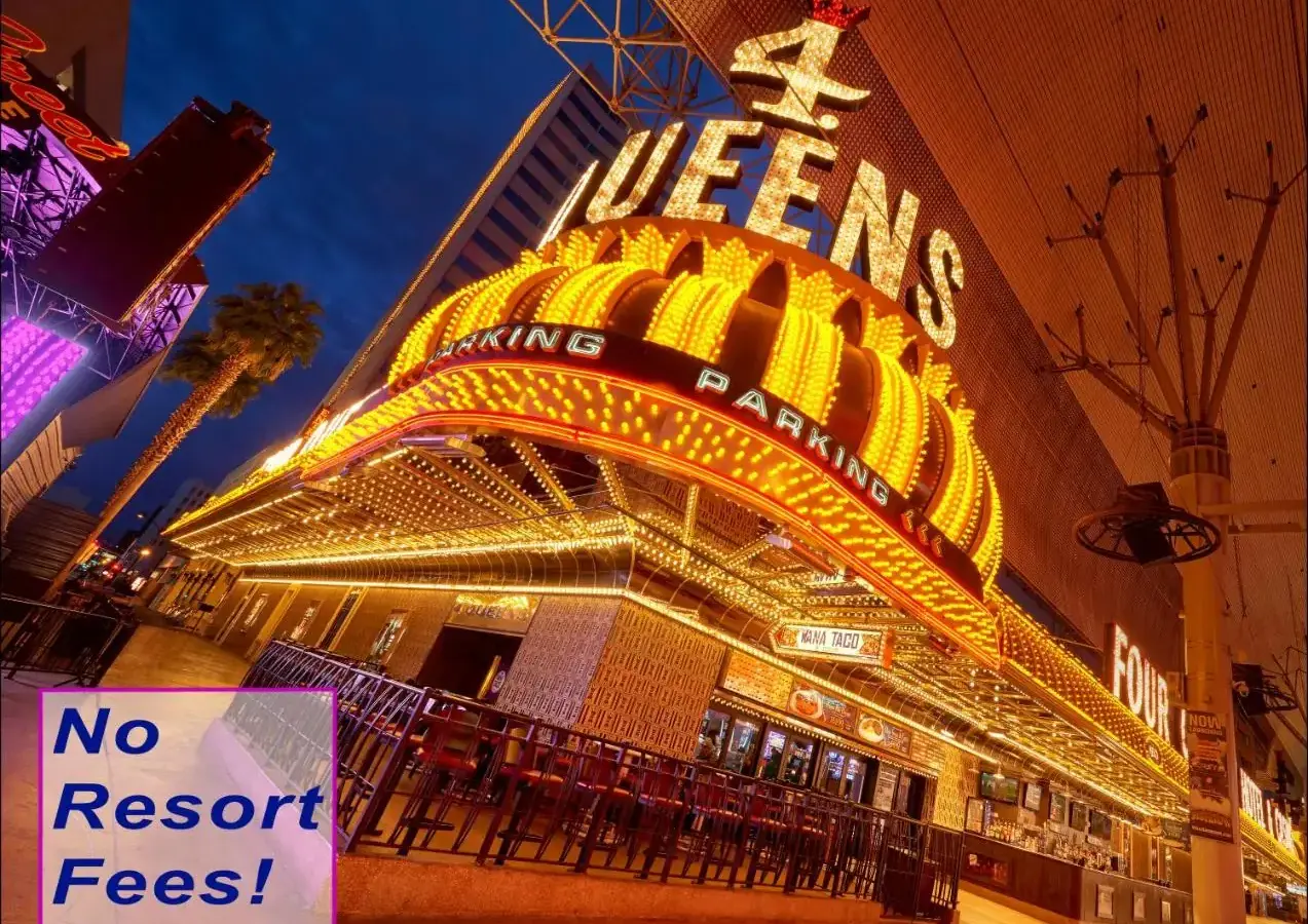 a building with a no restart fee sign in front of it at Four Queens Hotel and Casino in Las Vegas