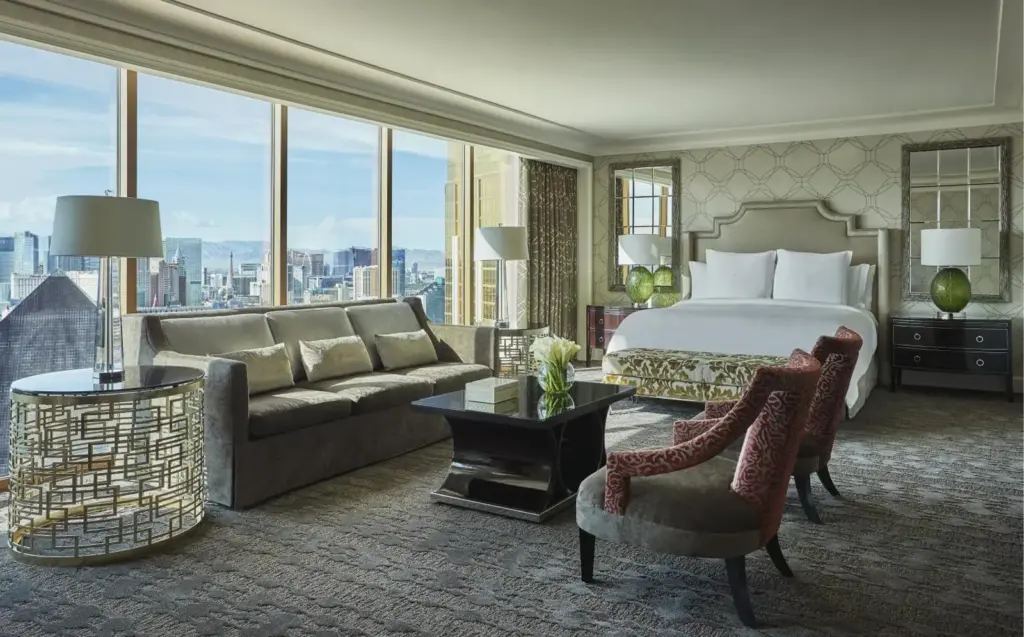 Four Seasons Las Vegas guest room with sitting area and city views