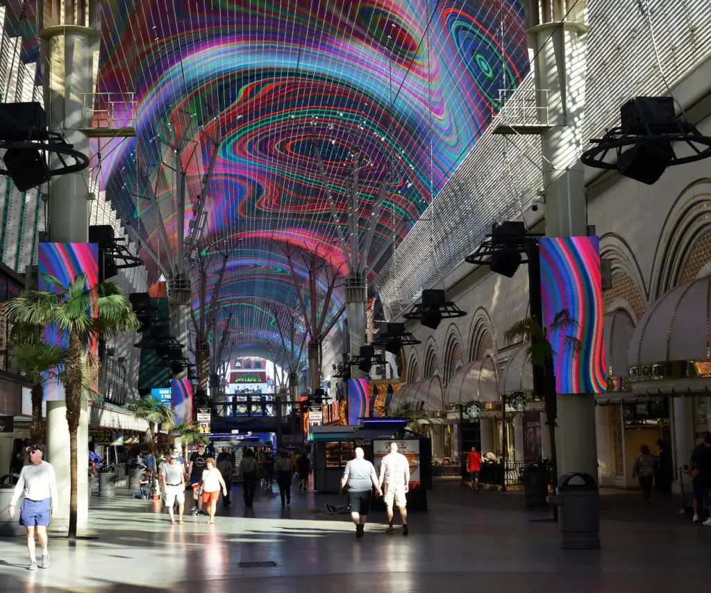 The Fremont Street Experience LED canopy glowing over the pedestrian mall