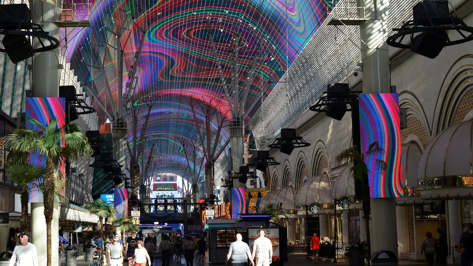 The Fremont Street Experience LED canopy glowing over the pedestrian mall