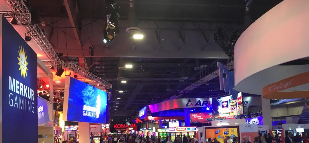 Busy trade-show aisle at the Global Gaming Expo at the Venetian Expo in Las Vegas