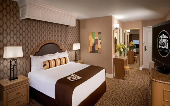 Golden Nugget Las Vegas guest room with a king bed