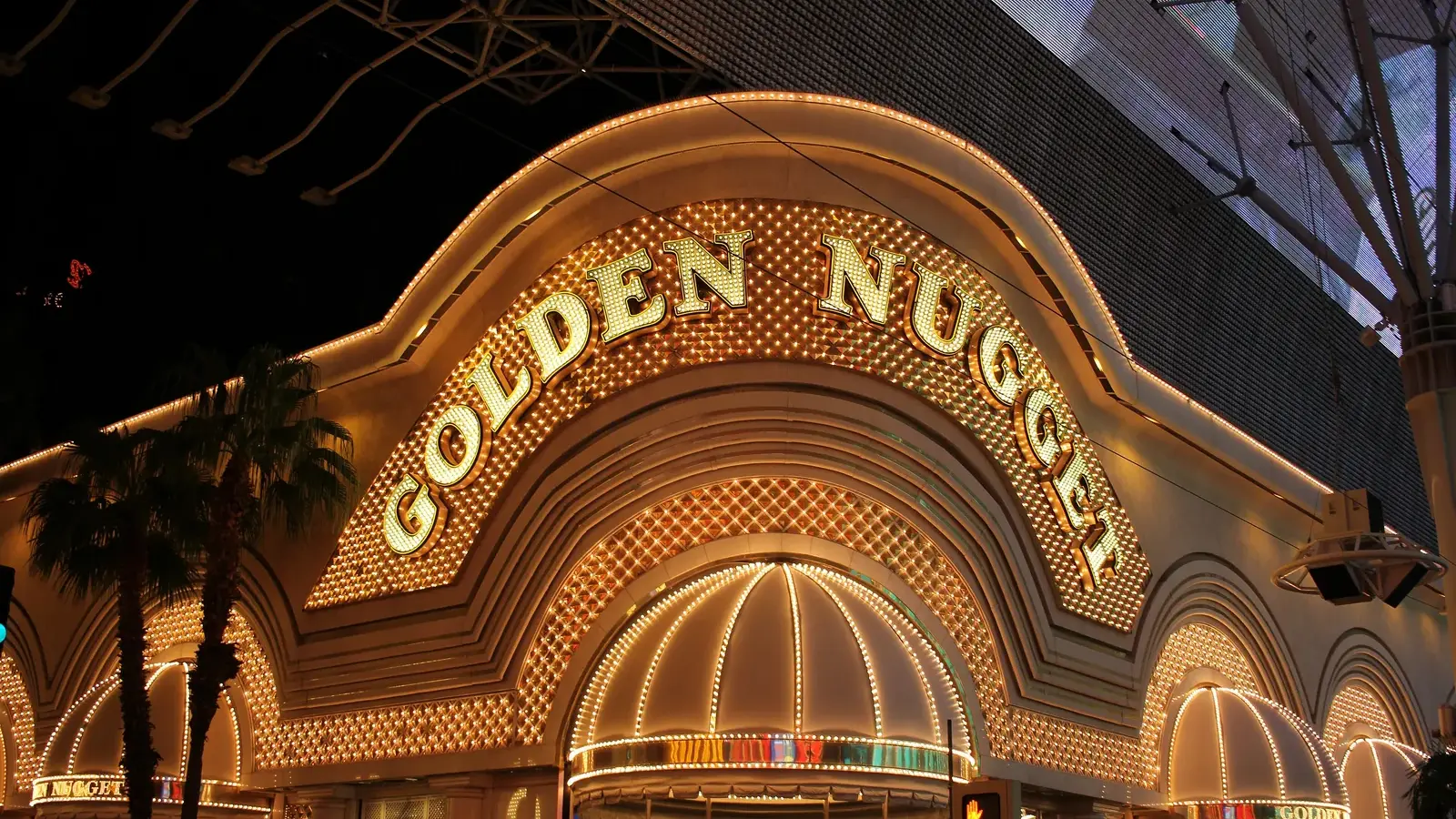 Golden Nugget facade glowing at night on Fremont Street