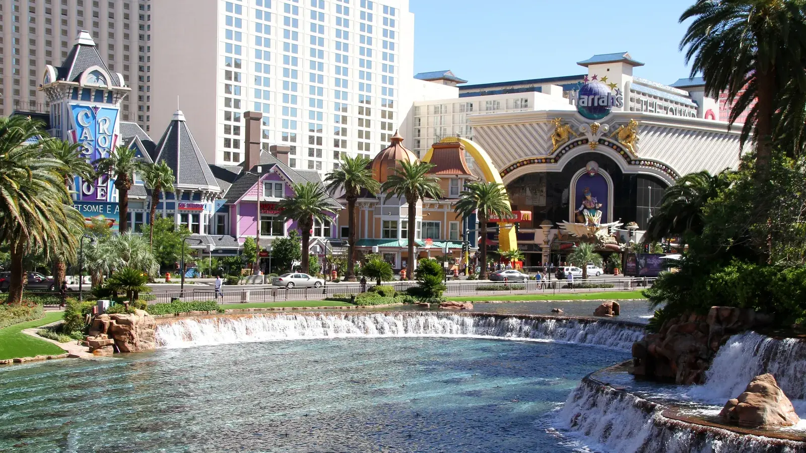 Harrah's Las Vegas hotel and its carnival-style facade on the center Strip