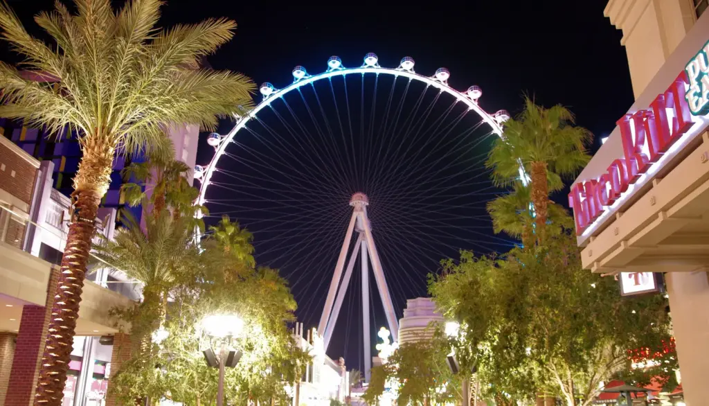 The High Roller observation wheel lit up at the end of the LINQ Promenade