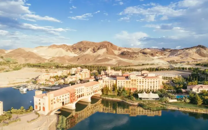 an aerial view of a resort with mountains in the background at Hilton Lake Las Vegas Resort & Spa in Las Vegas