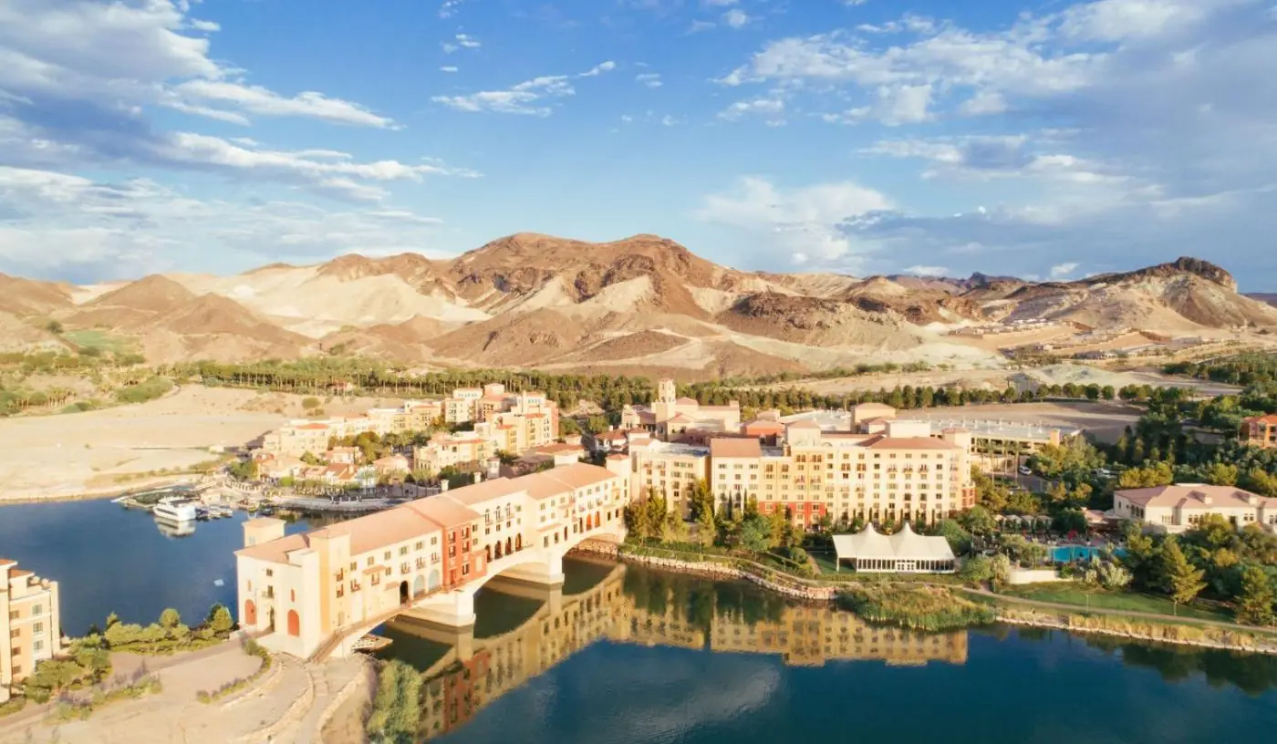 an aerial view of a resort with mountains in the background at Hilton Lake Las Vegas Resort & Spa in Las Vegas