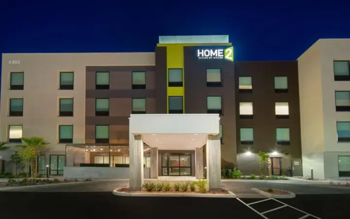Home2 Suites Las Vegas North exterior at night