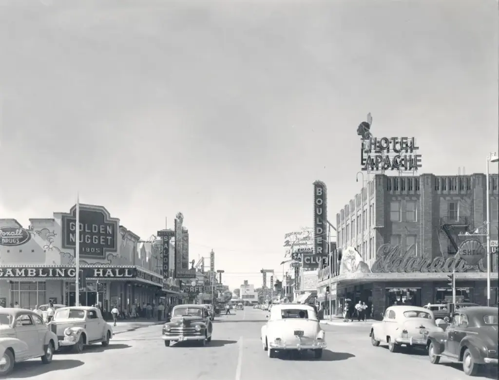 Archival black-and-white Fremont Street photograph in the Hotel Apache Booking gallery