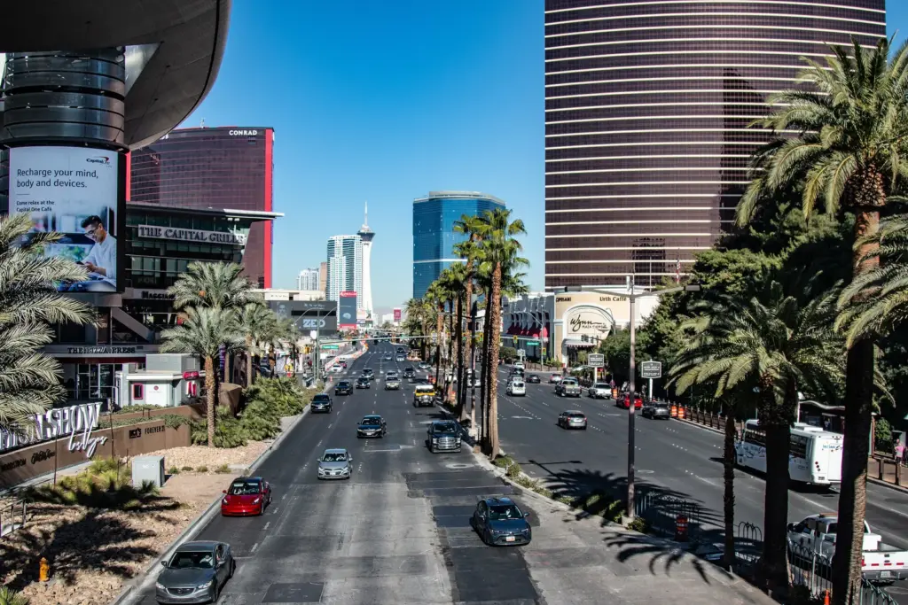 Las Vegas Boulevard looking north past Wynn and Resorts World toward the STRAT tower