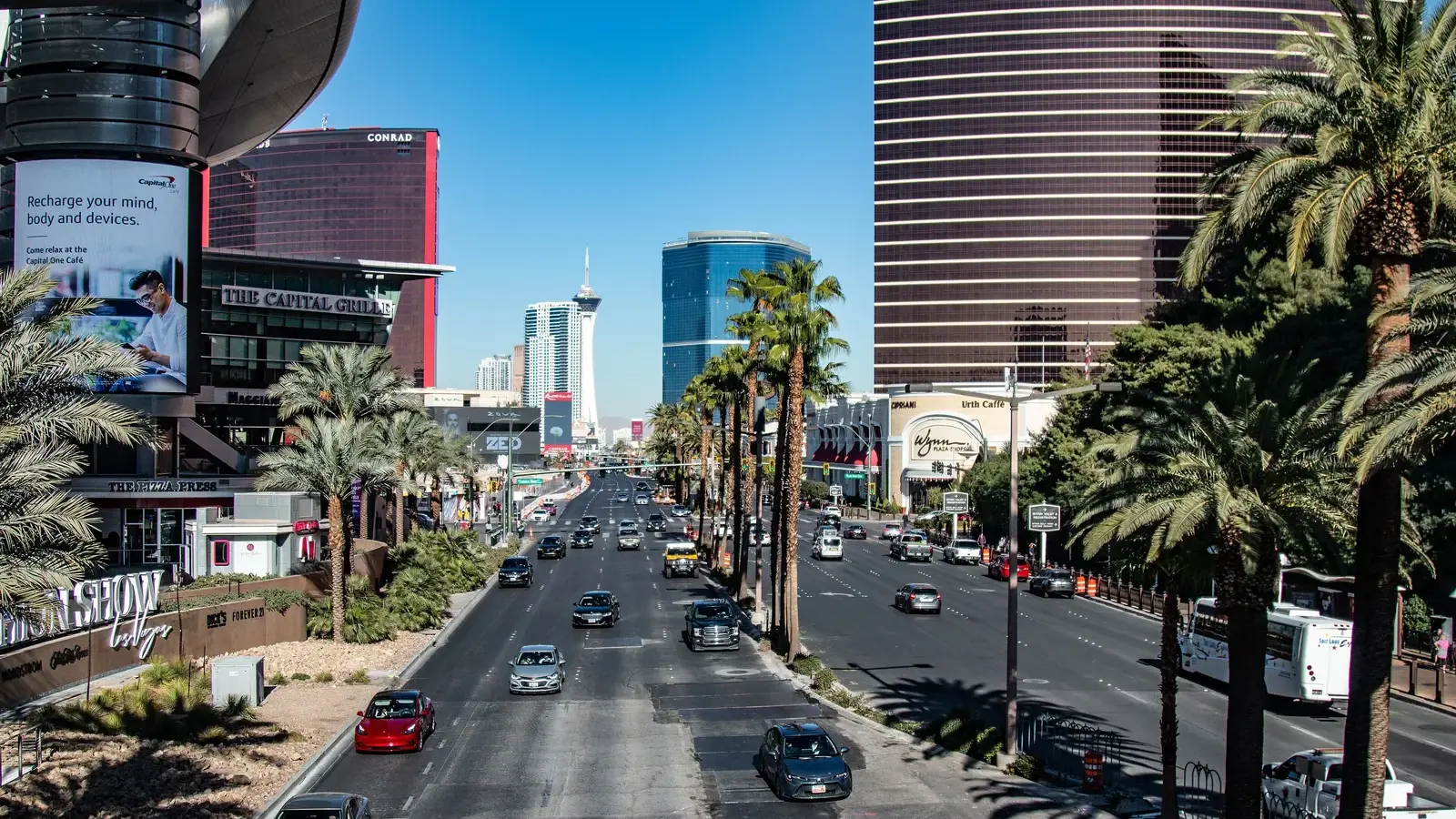 Las Vegas Boulevard looking north past Wynn and Resorts World toward the STRAT tower