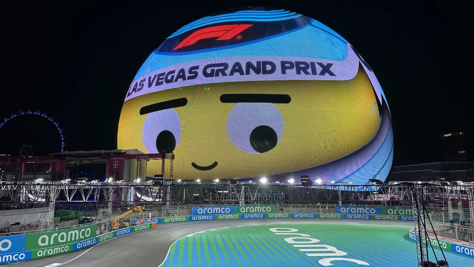 Sphere lit with Las Vegas Grand Prix graphics above the Formula 1 circuit