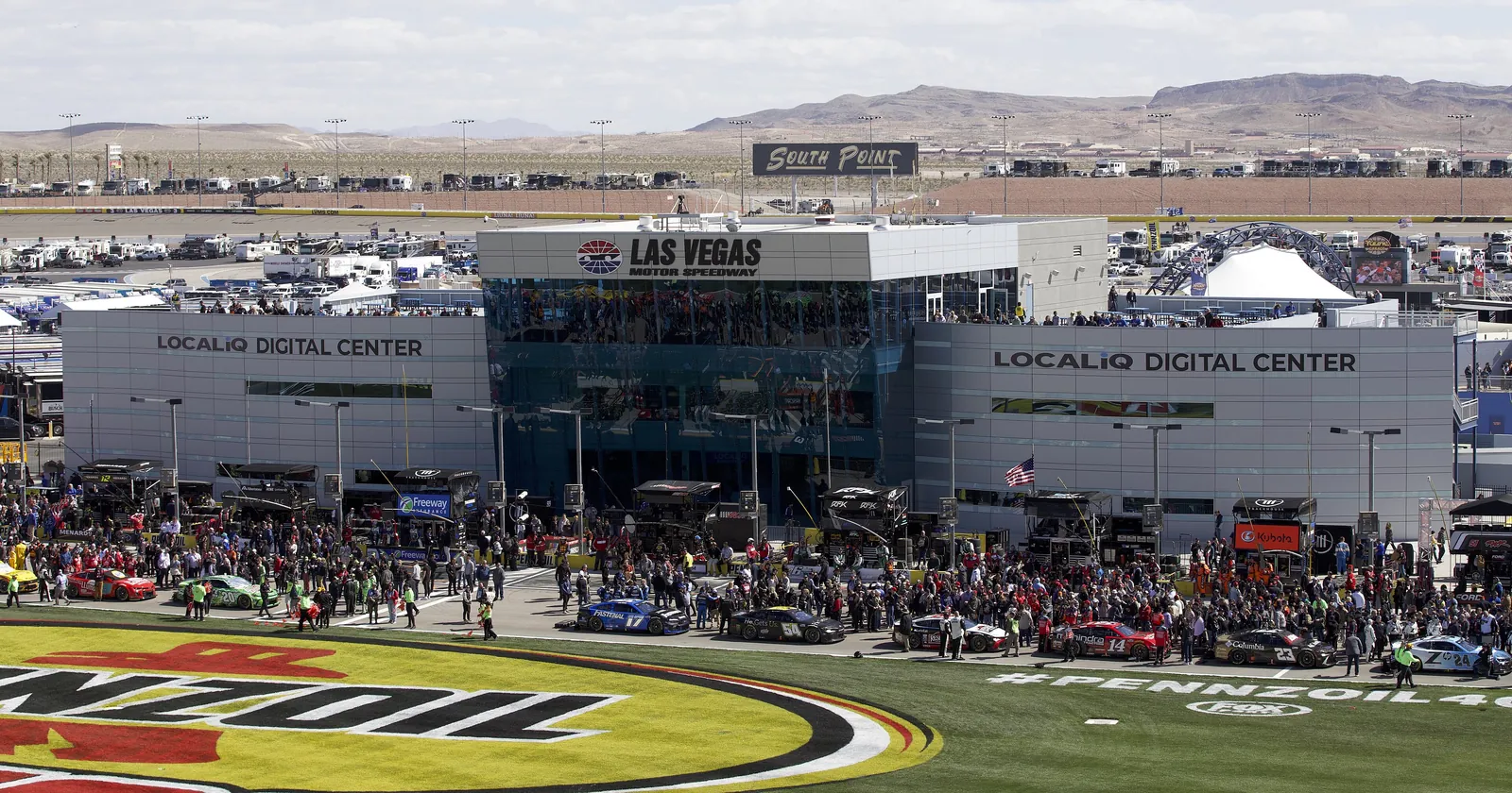 Las Vegas Motor Speedway infield and grandstand building on a NASCAR race weekend