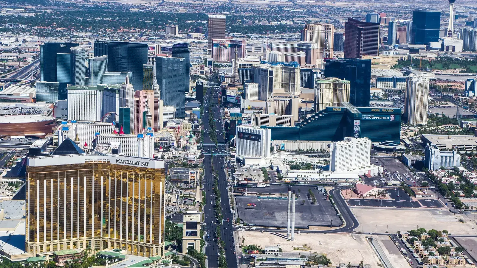 Aerial view of the Las Vegas Strip by day, looking north from Mandalay Bay