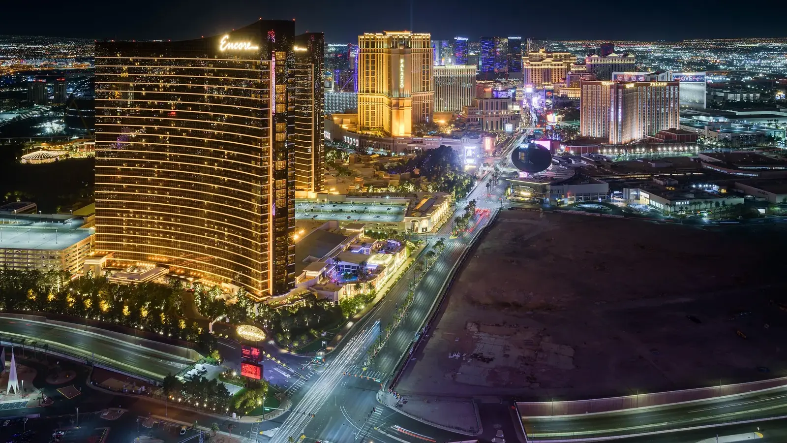 The Las Vegas Strip lit up at night, seen from high above the north end