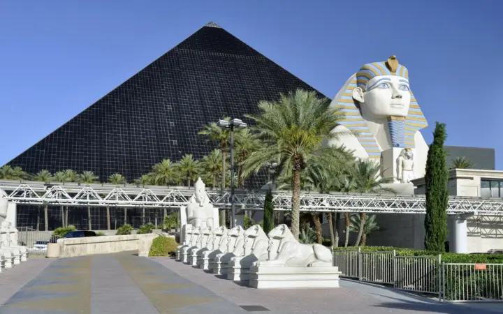Luxor's black glass pyramid and sphinx on the Las Vegas Strip