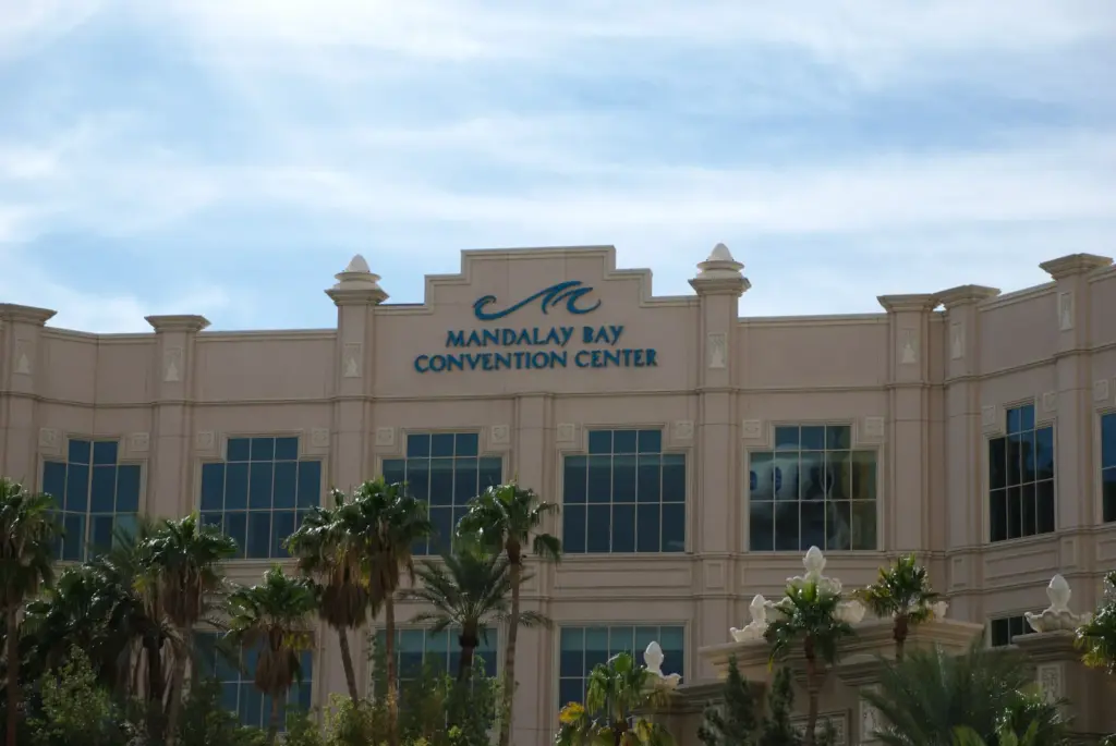Exterior of the Mandalay Bay Convention Center with its wave logo sign in Las Vegas