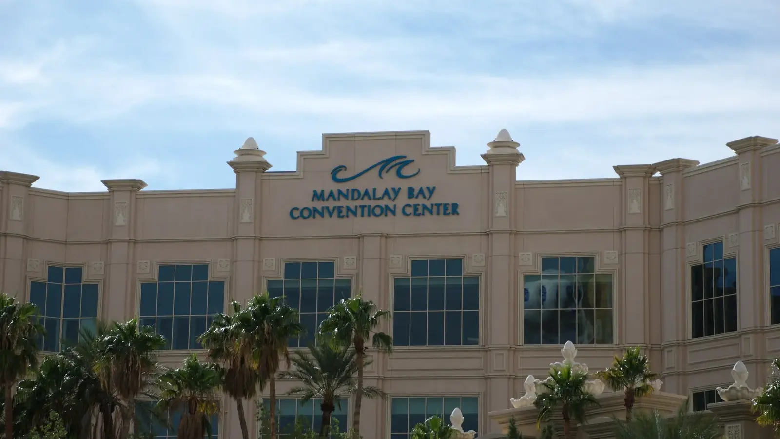 Exterior of the Mandalay Bay Convention Center with its wave logo sign in Las Vegas