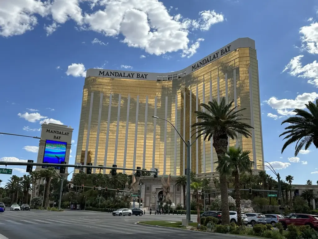 Mandalay Bay's gold hotel towers at the south end of the Las Vegas Strip