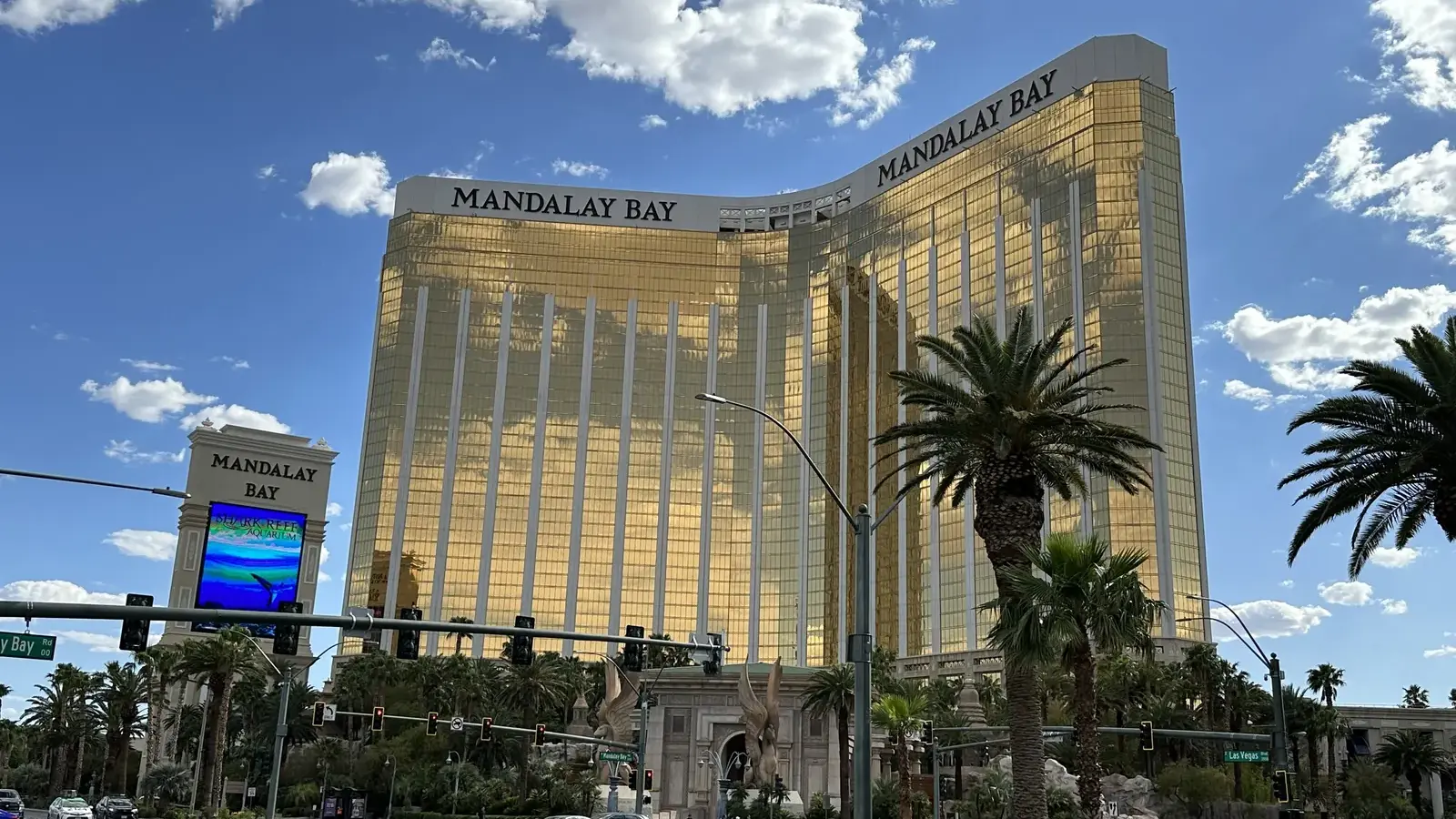 Mandalay Bay's gold hotel towers at the south end of the Las Vegas Strip