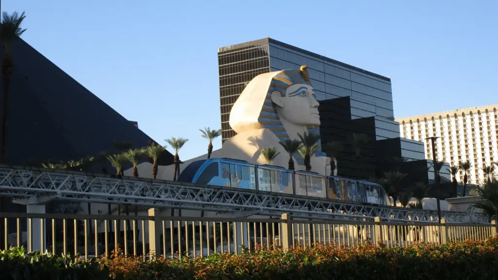 Mandalay Bay tram passing the Luxor Sphinx and pyramid in Las Vegas