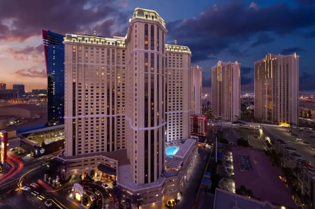 a view of a large building in a city at night at Marriott's Grand Chateau in Las Vegas