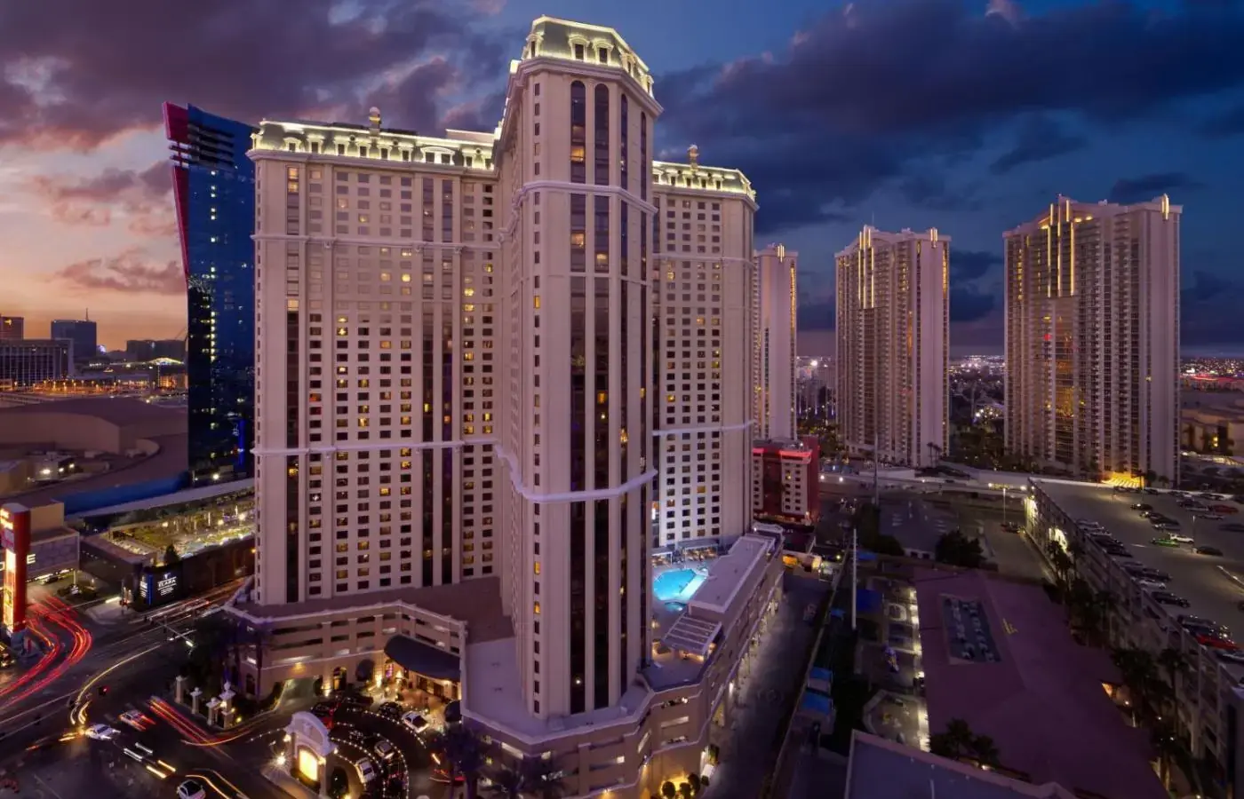 a view of a large building in a city at night at Marriott's Grand Chateau in Las Vegas