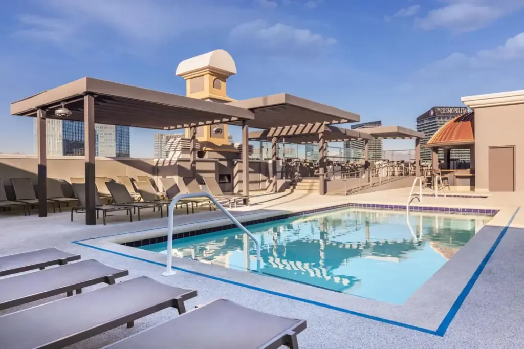 a swimming pool on the roof of a hotel at Marriott's Grand Chateau in Las Vegas
