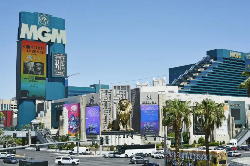 MGM Grand's green-glass towers and MGM sign on the Las Vegas Strip