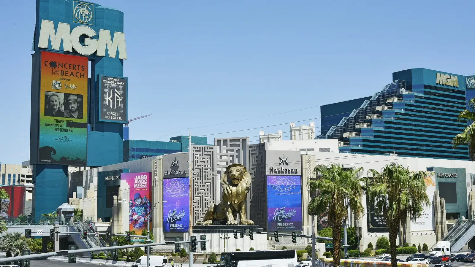 MGM Grand's green-glass towers and MGM sign on the Las Vegas Strip