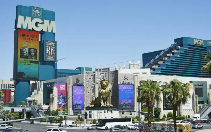 MGM Grand's green-glass towers and MGM sign on the Las Vegas Strip