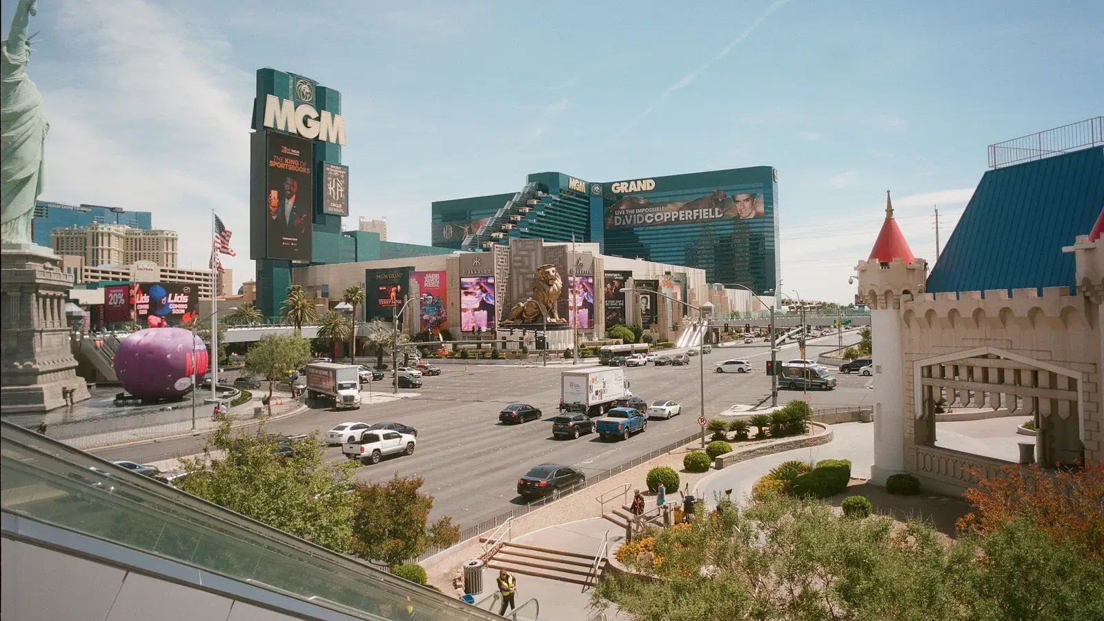 MGM Grand Las Vegas with its sign and lion statue seen from the Tropicana Avenue overpass