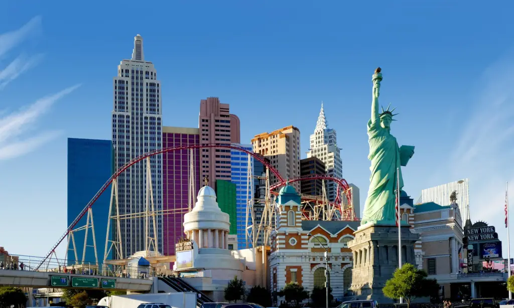 New York-New York's Manhattan-style skyline, Statue of Liberty replica and red roller coaster in Las Vegas