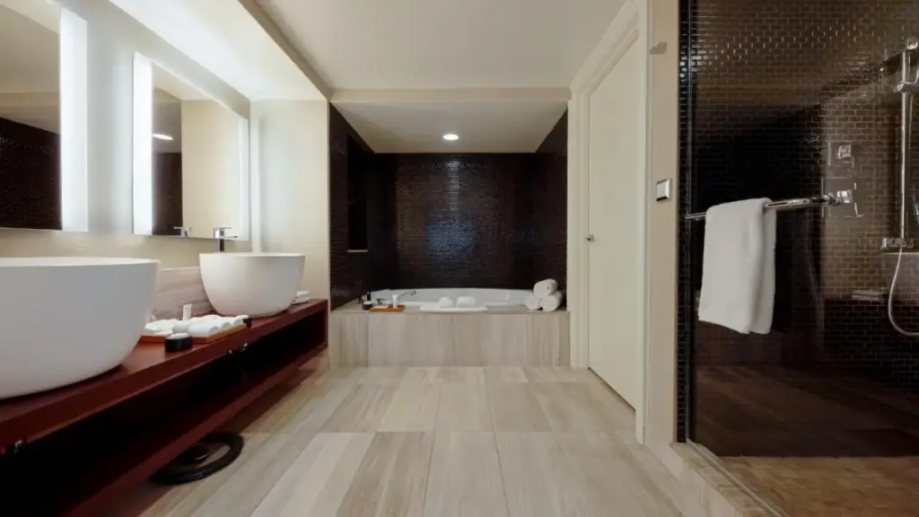a bathroom with a tub and a sink and a shower at Nobu Las Vegas, A Caesars Destination in Las Vegas