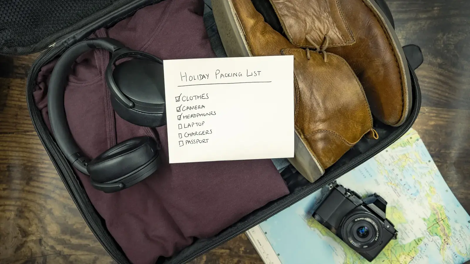 Open suitcase with clothes, shoes, headphones, a camera, a map and a packing list