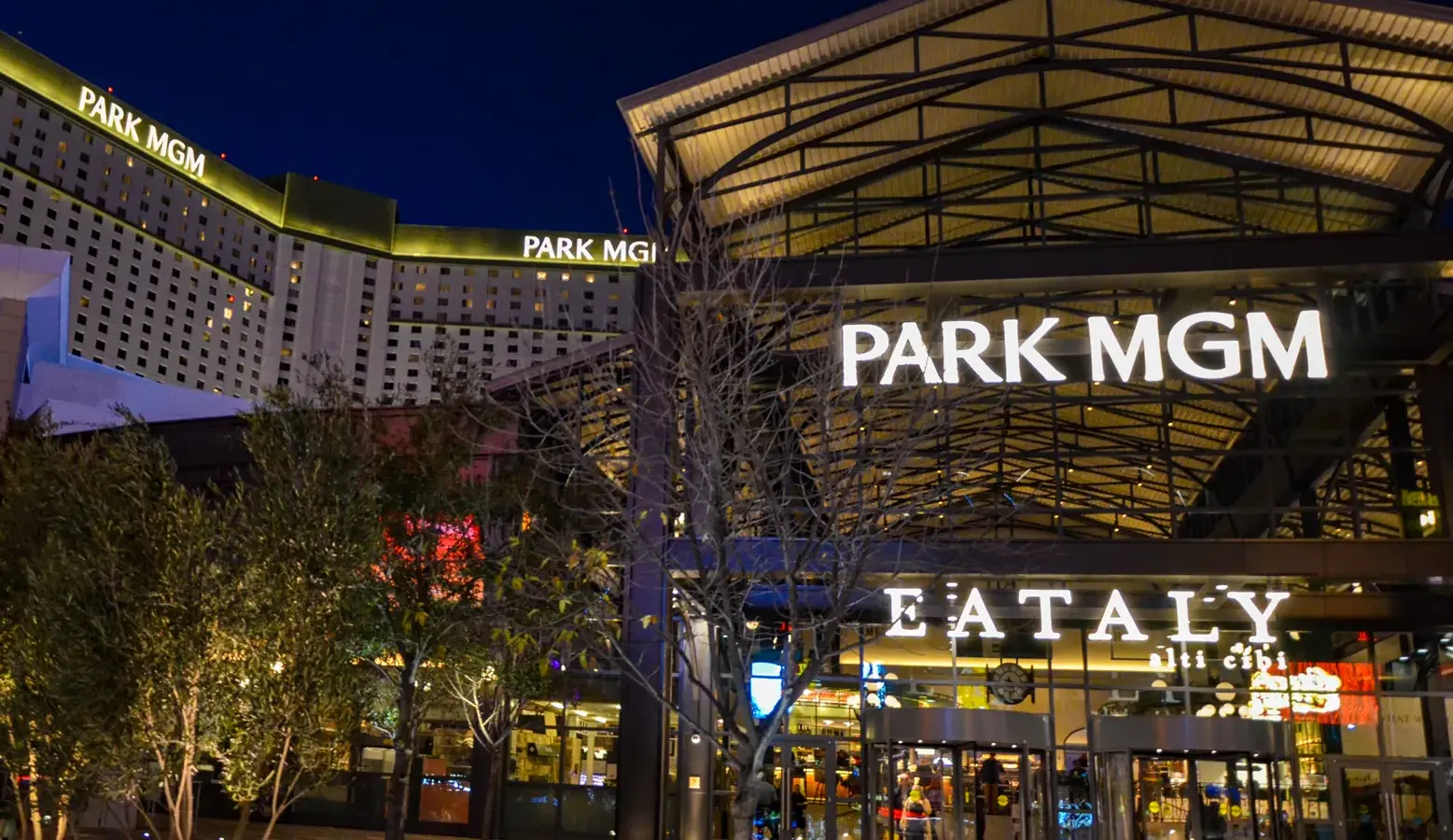 Park MGM and its Eataly entrance at night on the Las Vegas Strip